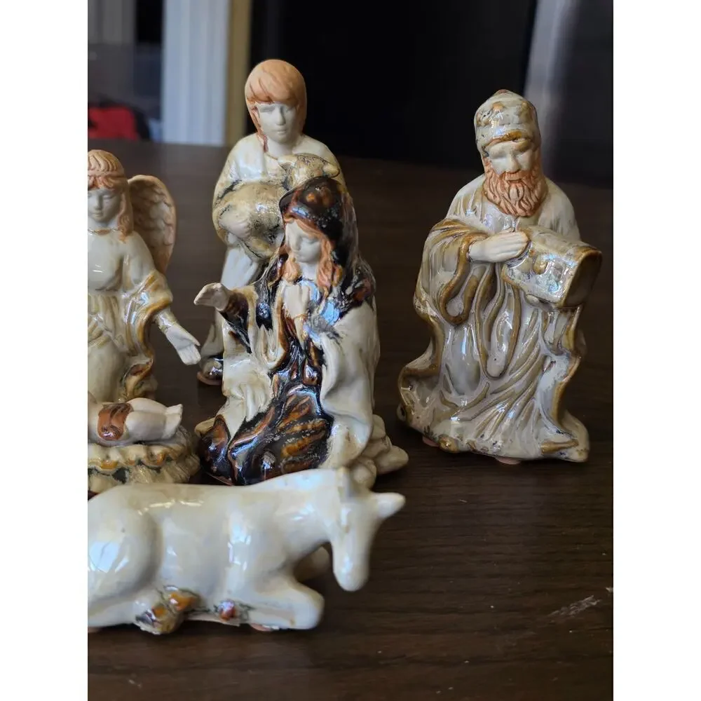 Vintage Nativity Scene Figurines 9-Piece Set Hand-Painted Ceramic Religious Chri